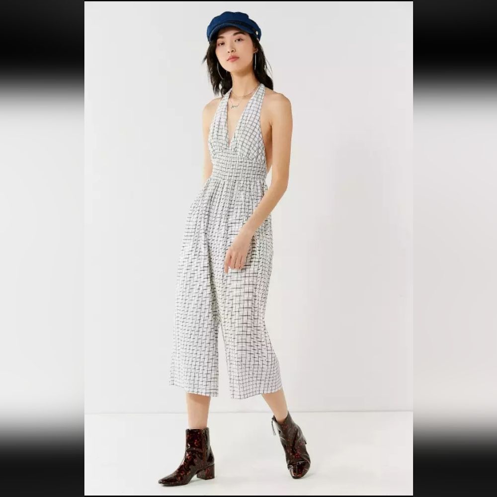 Urban Outfitters White Grid Halter Jumpsuit